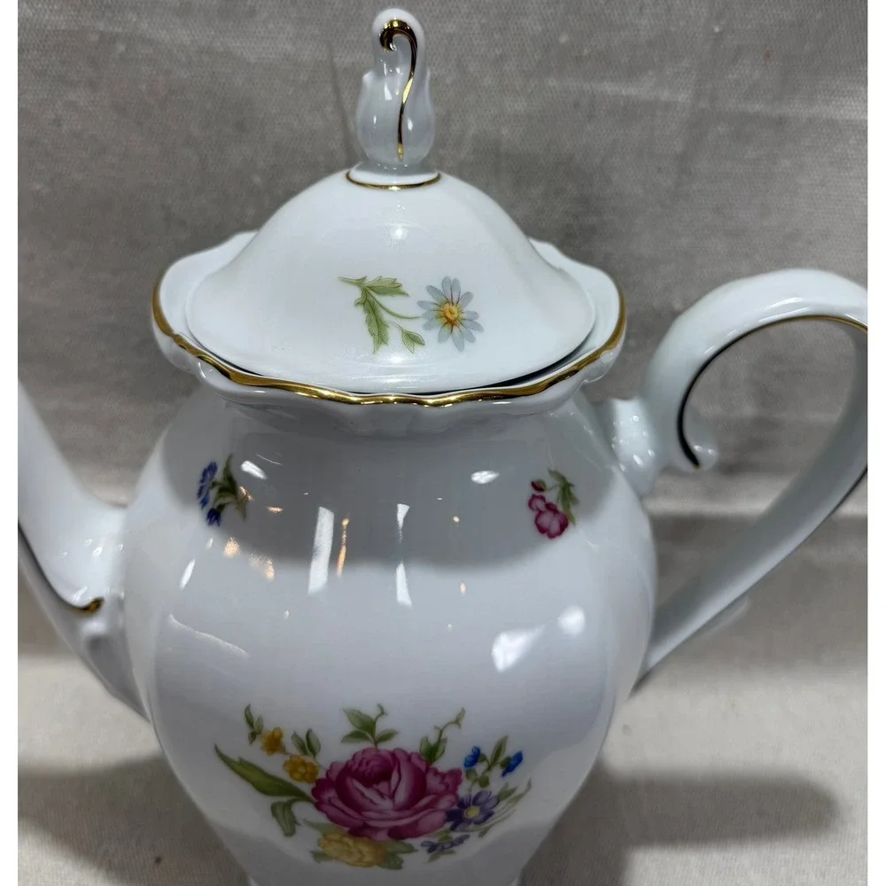 Schumann Arzberg Bavaria Germany Porcelain Coffee Pot Floral Rose Gold Trim 11in
